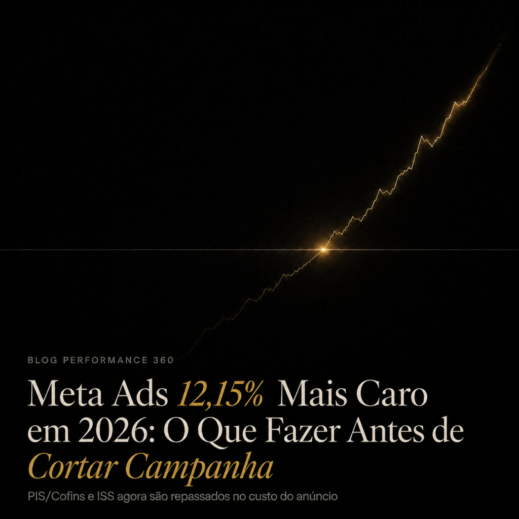 Linha dourada de crescimento cruzando o ponto de equilíbrio, com o título sobreposto sobre o reajuste do Meta Ads em 2026