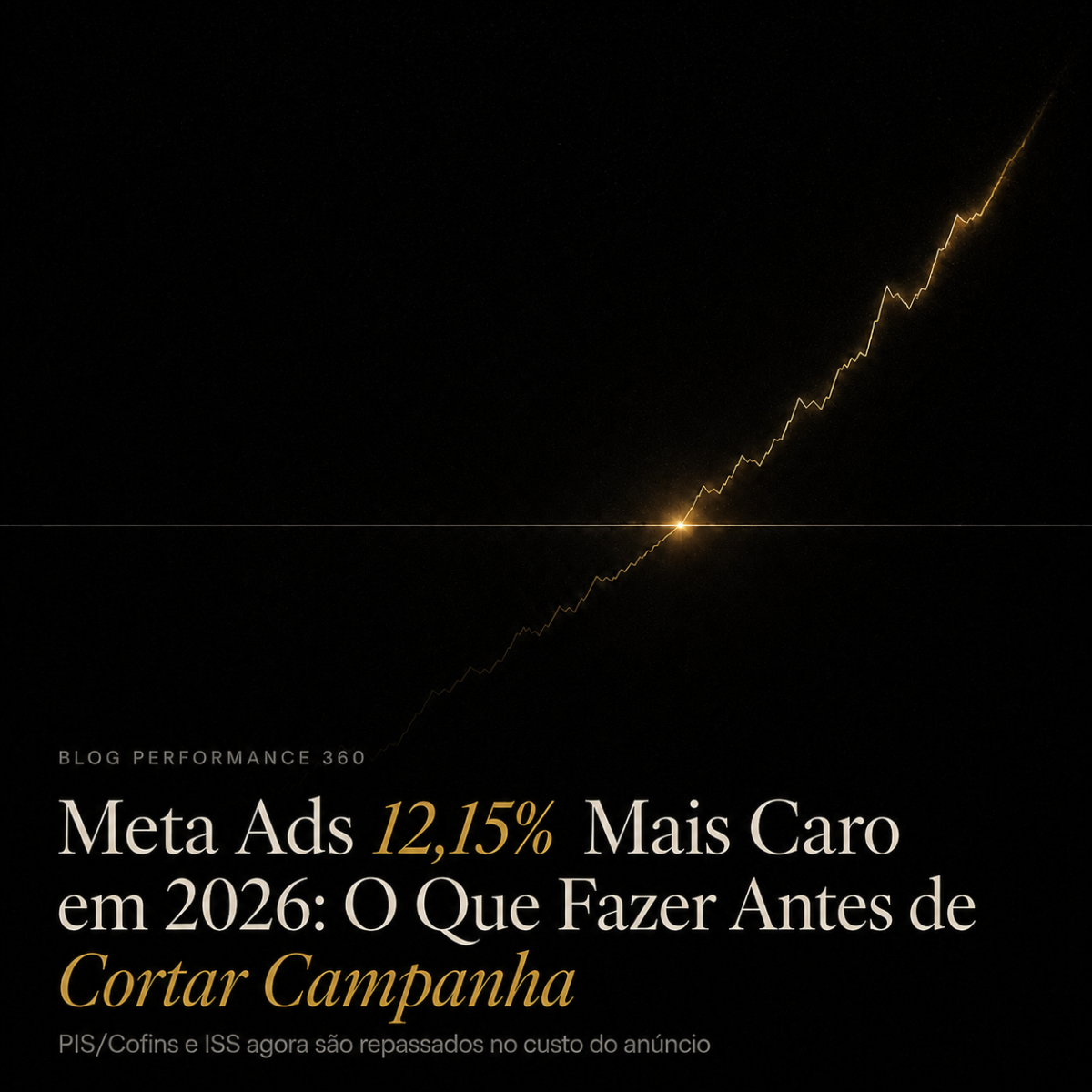 Linha dourada de crescimento cruzando o ponto de equilíbrio, com o título sobreposto sobre o reajuste do Meta Ads em 2026