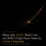 Linha dourada de crescimento cruzando o ponto de equilíbrio, com o título sobreposto sobre o reajuste do Meta Ads em 2026